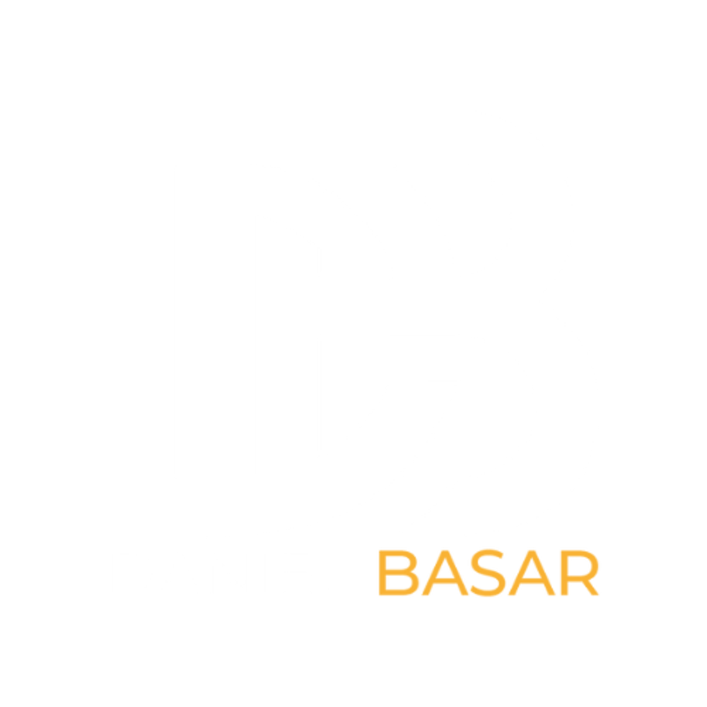 Logo mit ineinander verschlungenen weißen Großbuchstaben "DB" über dem Namen "DANIEL BASAR" in Weiß und Gold.