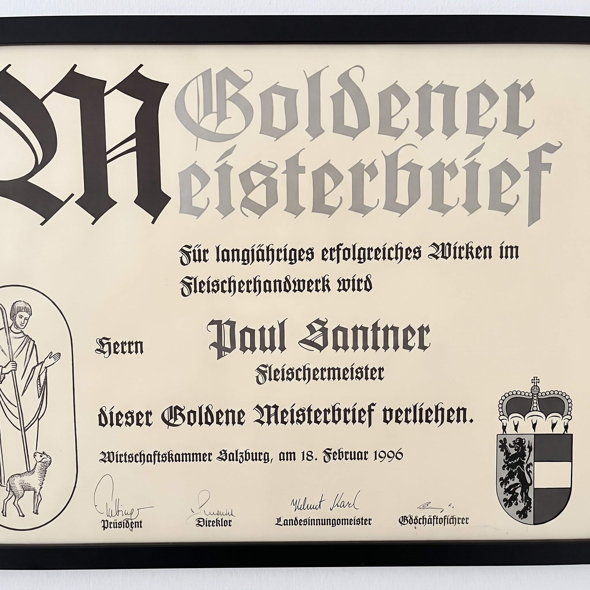 Goldener Meisterbrief von Paul Santner, Fleischermeister