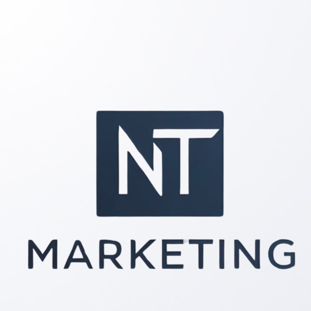 NT Marketing Logo: Weißes „NT“ in dunkelblauem Quadrat über dem Wort „MARKETING“.