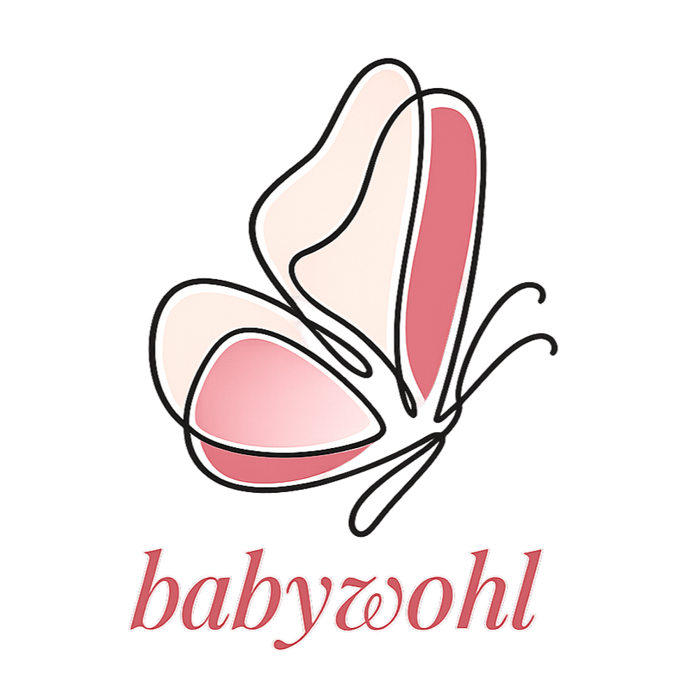 Stilisierter Schmetterling in Rosa und Beige mit schwarzem Umriss, darunter der Schriftzug "babywohl".