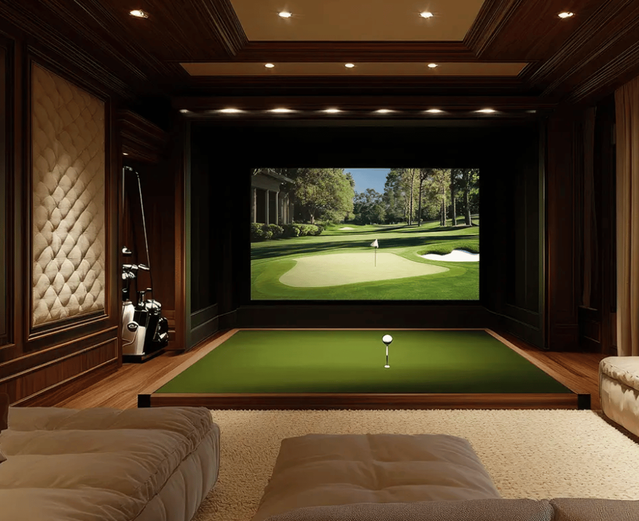 Golf-Lounge mit Trackman-Simulator und Loungemöblierung