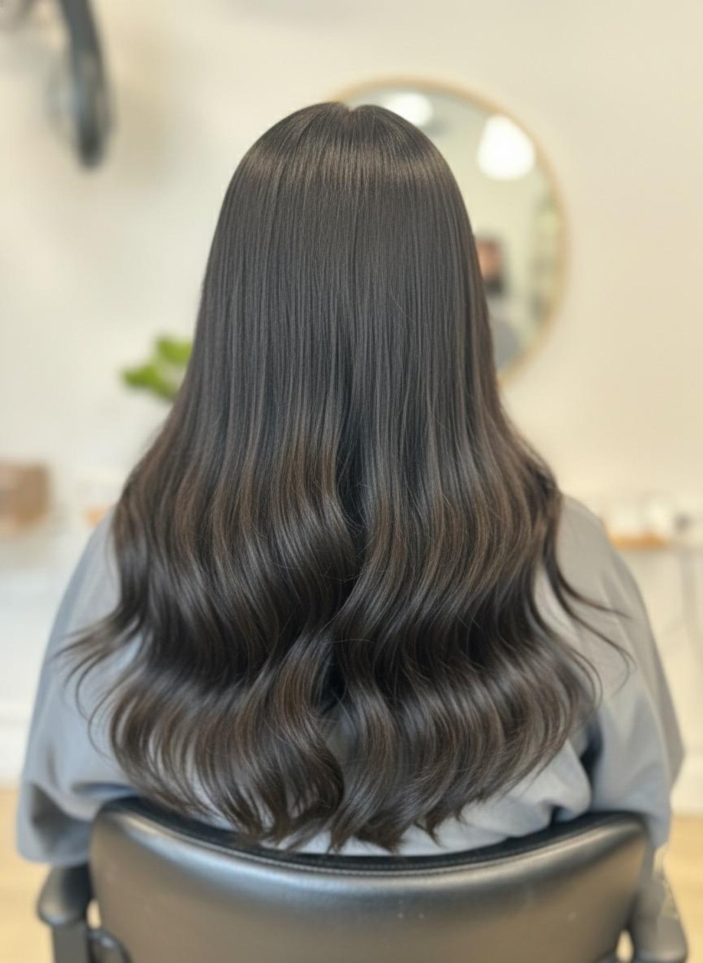 Dunkles Haar beim Einarbeiten der Extensions, nachher lang und sanft gewellt