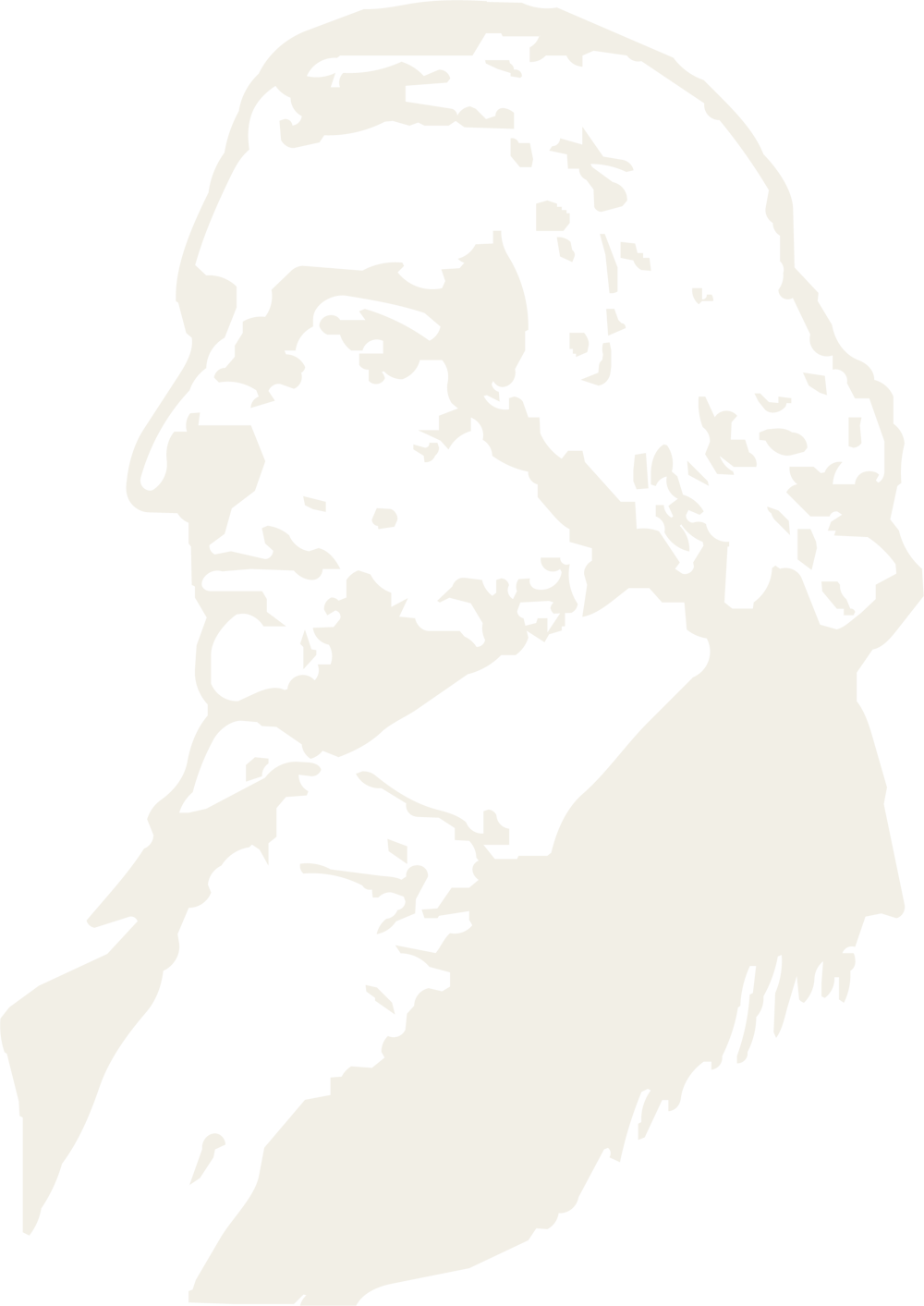 Schwarz-weiße Kontrastgrafik eines Mannes im Profil mit Perücke und Kragen im Stil des 18. Jahrhunderts.