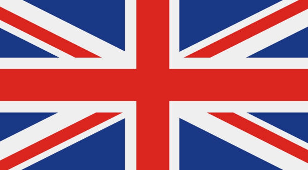 Flagge des Vereinigten Königreichs (Union Jack) mit roten und weißen Kreuzen auf blauem Grund.