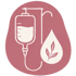 Weißes Icon eines Infusionsbeutels am Ständer neben einem Wassertropfen mit Blatt auf rosa Hintergrund.