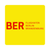 Sponsorenlogo BER Flughafen Berlin Brandenburg: Rote Schrift auf gelbem Quadrat.