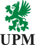 Grüner Greif über dem Text "UPM".