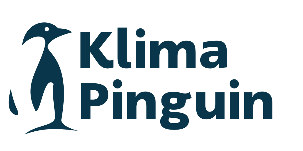 Dunkelblaues Logo mit einer Pinguin-Silhouette und dem Text Klima Pinguin auf schwarzem Hintergrund.