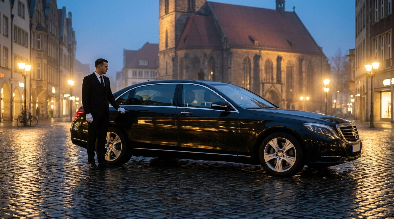 Schwarze Mercedes S-Klasse mit Chauffeur bei Nacht in Hannover