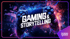 A PlayStation controller surrounded by glowing blue and pink particles, with "GAMING & STORYTELLING" text.