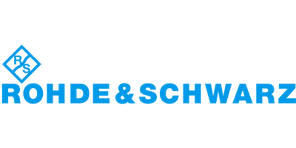 Logo von Rohde & Schwarz in leuchtendem Blau auf dunkelgrünem Hintergrund.