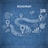 Blaupause einer Roadmap mit gewundener Straße, Wegpunkten, Rakete, Zielflagge und dem Wort "ROADMAP".