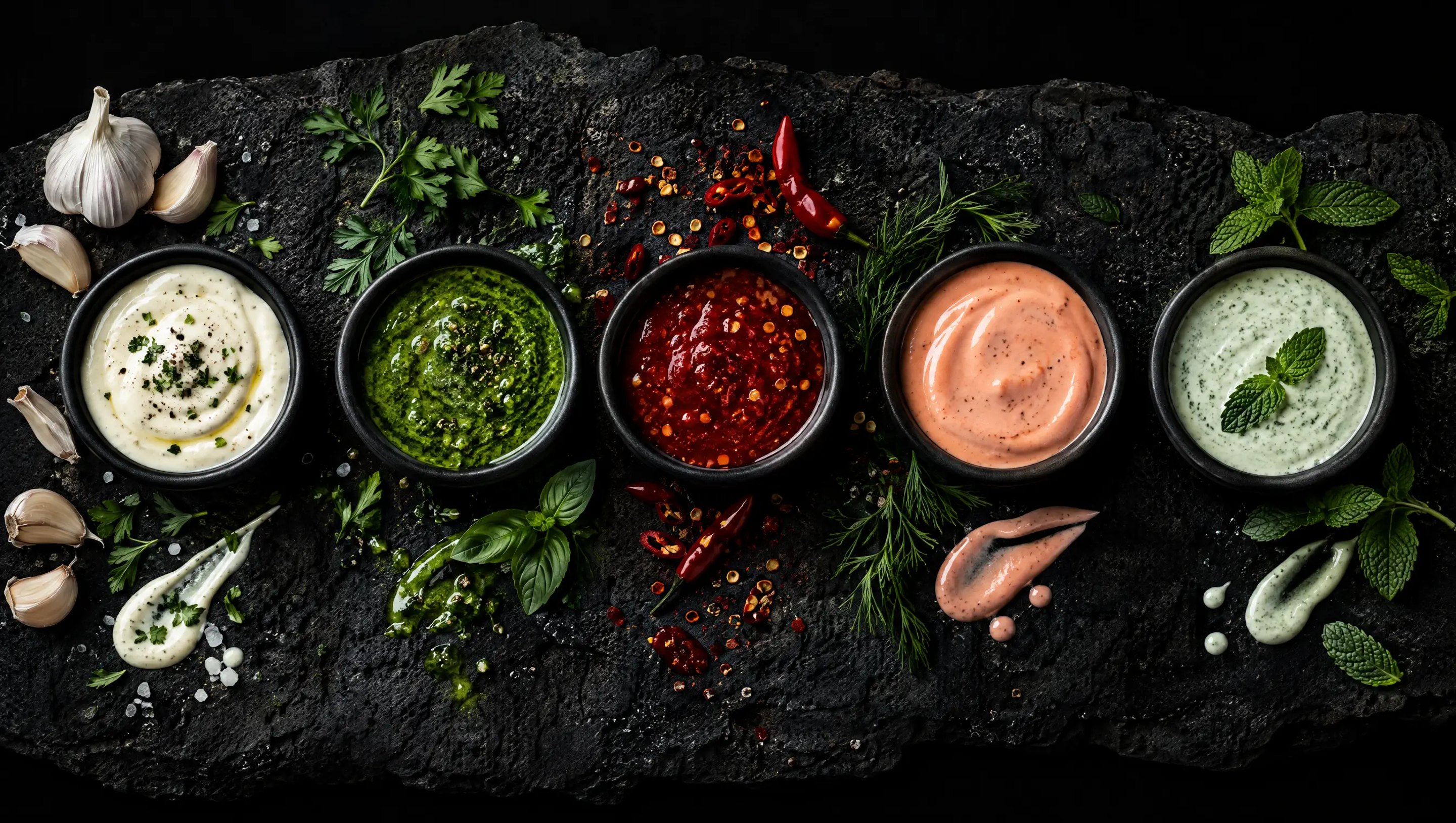 Five handmade sauces in black ceramic bowls