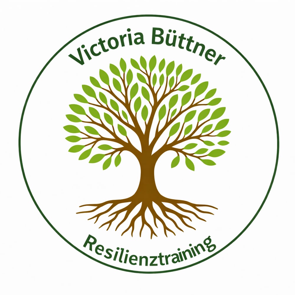 Grünes Logo mit Baum, Wurzeln und Text "Victoria Büttner Resilienztraining" in einem Kreis.