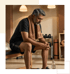 A middle-aged man with a towel around his neck sits on a weight bench in a home gym, looking down with hands clasped.
