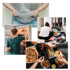 Vier Bilder zeigen Übergewicht, eine Person am Kühlschrank, eine überforderte Person und Fast Food.