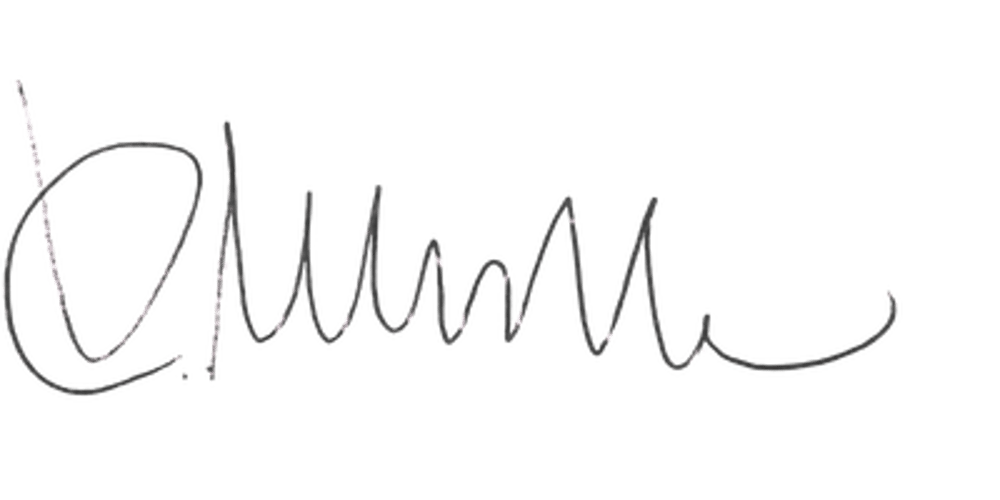 Schwarze Unterschrift mit verschlungenen Buchstaben und einem langen, geschwungenen Strich darunter.