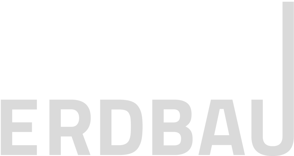 Wortmarke Rinck Erdbau in weiß  grau, das U aus Erdbau ragt bis zur Oberlinie der ersten Zeile.
