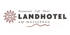 Logo: Restaurant Café Hotel Landhotel am Wasserrad mit Wasserrad-Symbol und Wellenlinie.