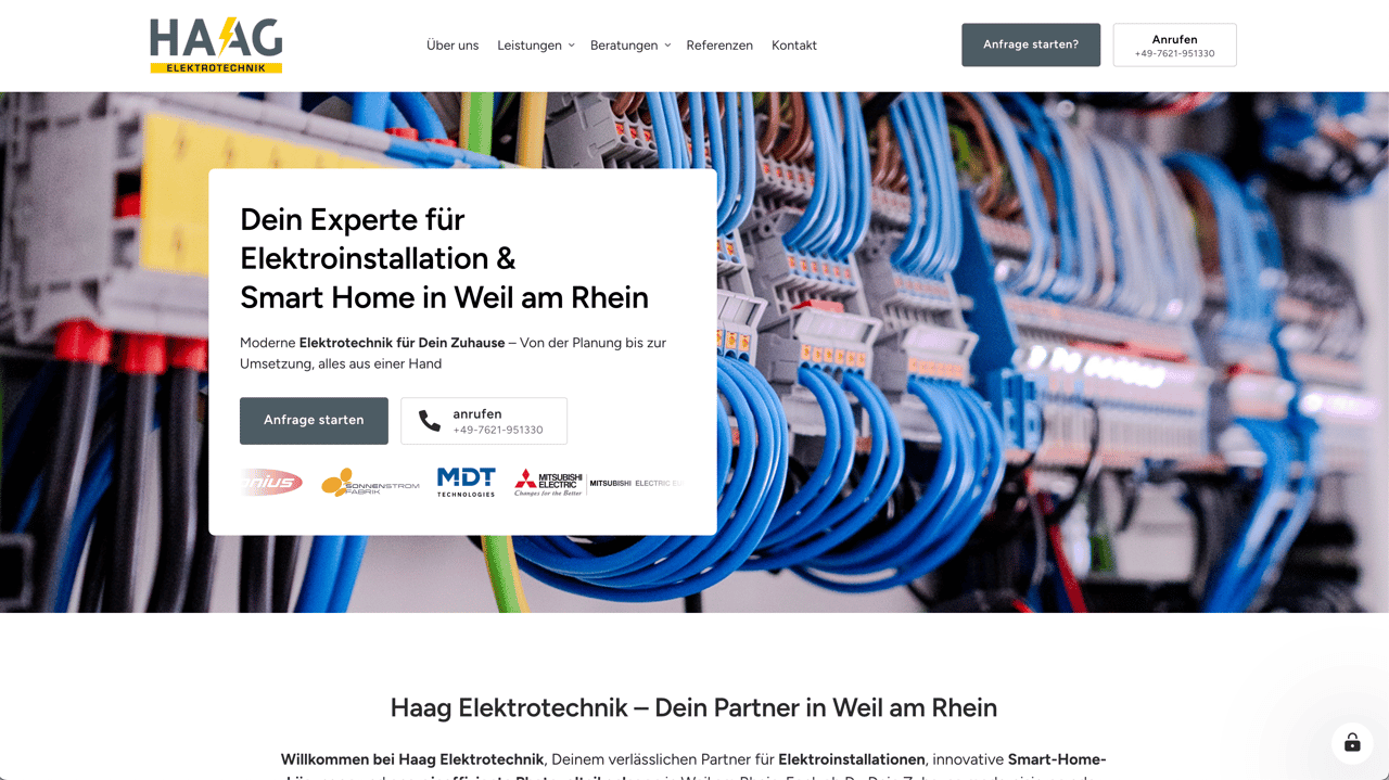 Webseite von HAAG Elektrotechnik mit Schaltschrank im Hintergrund und Text "Dein Experte für Elektroinstallation & Smart Home".