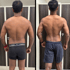 Rückenansichten eines Mannes vor und nach dem Training, mit sichtbarer Muskeldefinition.