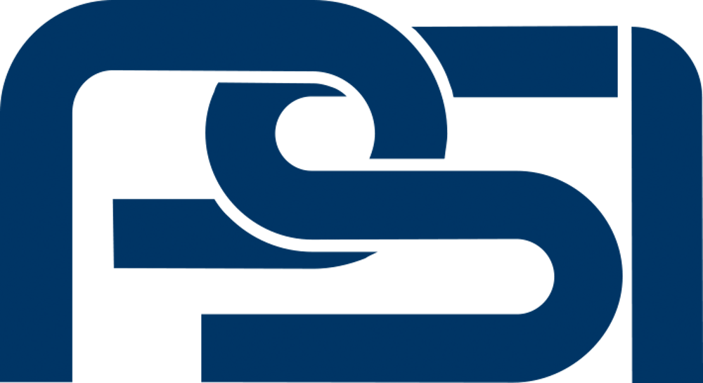 Dunkelblaues Logo mit den ineinander verschlungenen Buchstaben F, S und I auf schwarzem Hintergrund.