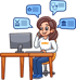 Eine lächelnde Frau mit BAMBA-Shirt telefoniert am Schreibtisch vor einem Computer. Sprechblasen zeigen Icons für Friseur, Haus, Stethoskop und Gebäude.