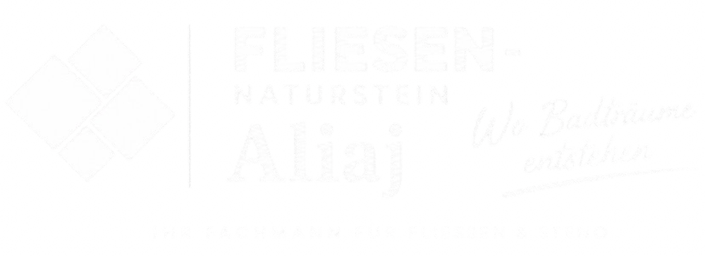 Logo "FLIESEN- & NATURSTEINVERLEGUNG Aliaj Ihr Fachmann für Fliesenarbeiten" mit orangefarbenen und grauen Quadraten.