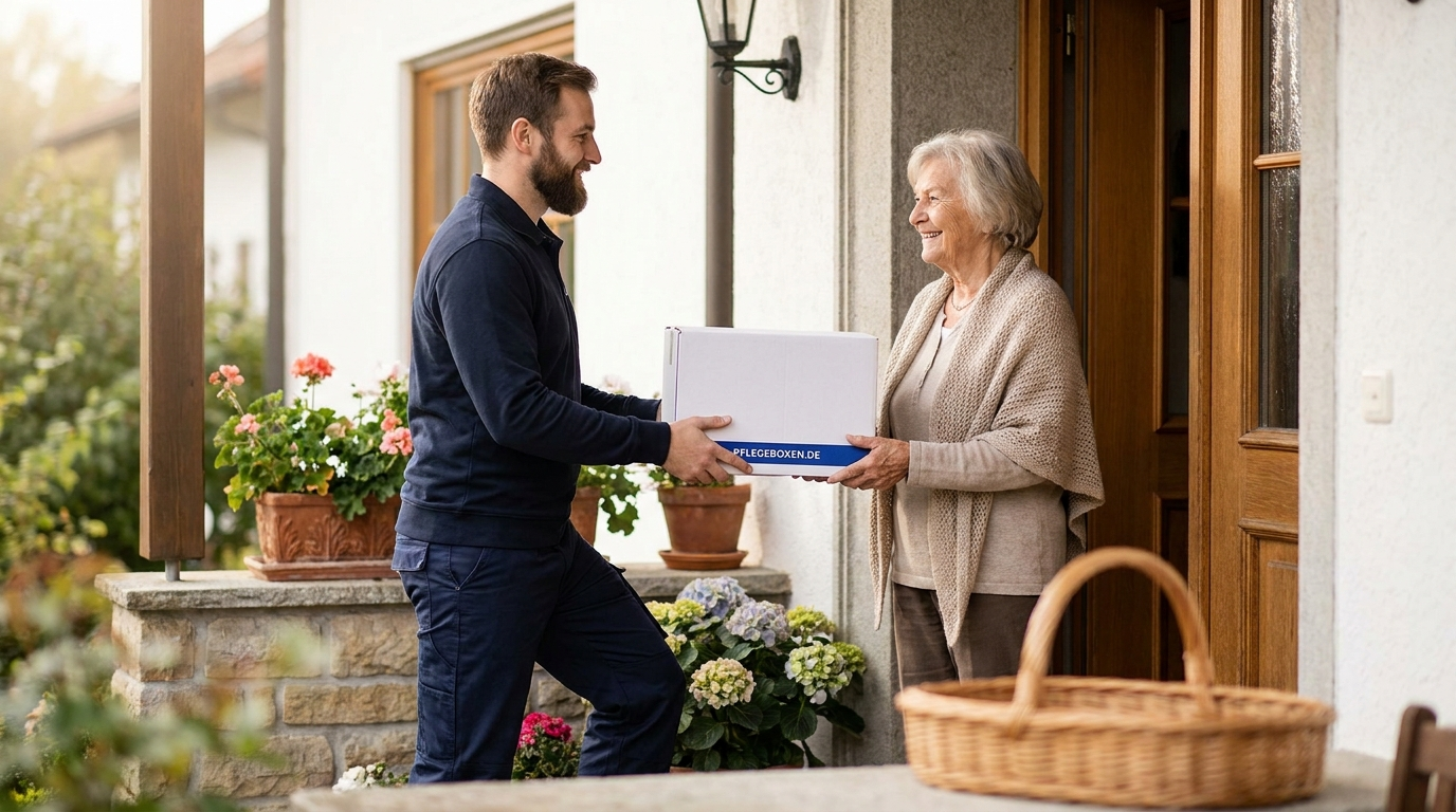Bote übergibt einer Seniorin die weiße Pflegebox an der Haustür