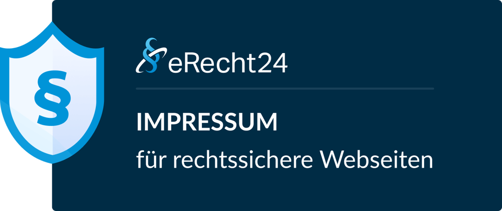 eRecht24 Logo mit blauem Schutzschild und Paragrafzeichen sowie dem Text Impressum für rechtssichere Webseiten.