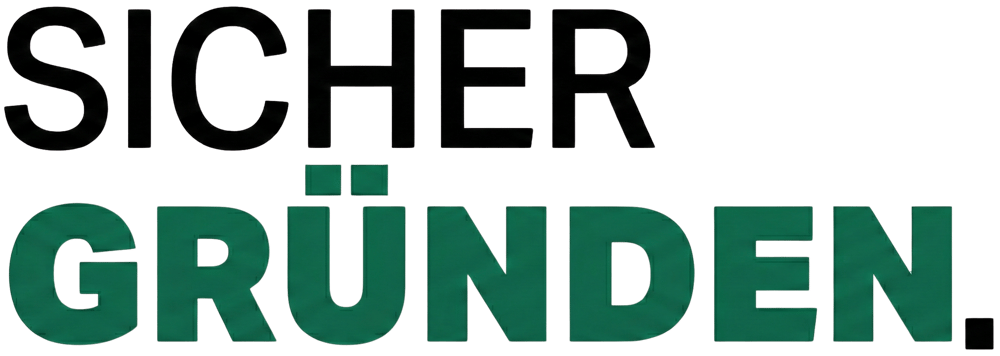 Schriftzug "SICHER GRÜNDEN." in Schwarz und Grün auf hellem Hintergrund.