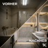 Badezimmer vorher mit Badewanne und nachher mit moderner Dusche und Waschbecken, VORHER, NACHHER.