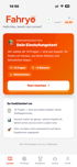 Fahry-App-Bildschirm mit "Dein Einstufungstest", 14 Fragen, ca. 5 Minuten, mittelschwer, und "Test starten"-Button.