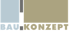 Logo mit dem Text BAU KONZEPT unter farbigen Rechtecken in Hellblau, Grau und Beige auf schwarzem Grund.