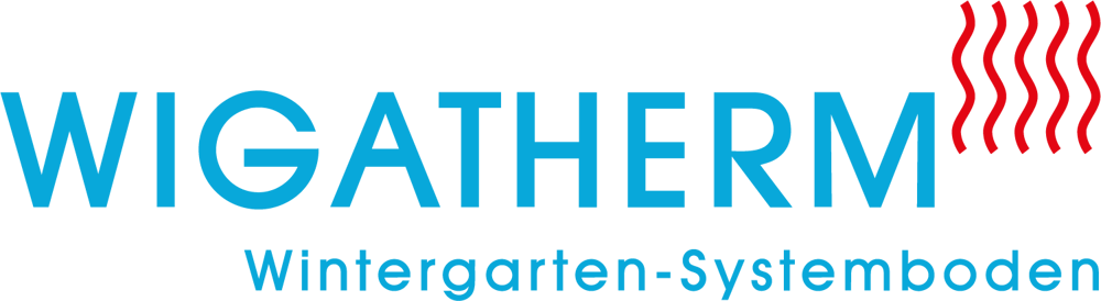 WIGATHERM Wintergarten-Systemboden Logo in Blau mit roten Wellenlinien auf neutralem Grund.