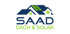 Logo: Blaues Hausdach mit grünen Solarpanels und Fenstern, darunter "SAAD" in Blau und "DACH & SOLAR" in Grün.