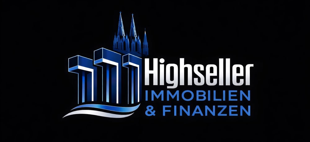 Firmenlogo mit blauen Gebäuden, Häusern und Wellen, daneben weißer Text "Highseller" und blauer Text "IMMOBILIEN & FINANZEN".