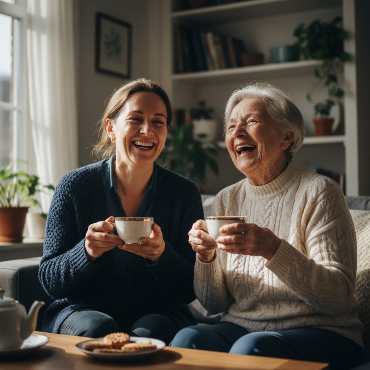 Betreuerin leistet einem Senior beim gemeinsamen Spaziergang Gesellschaft