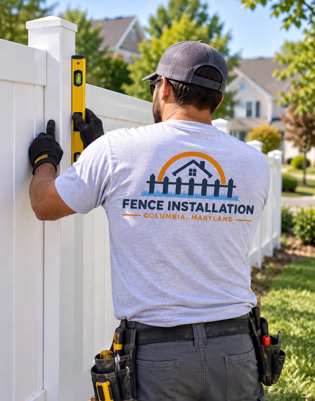 Newly installed cedar privacy fence along a backyard property line in Columbia, Maryland