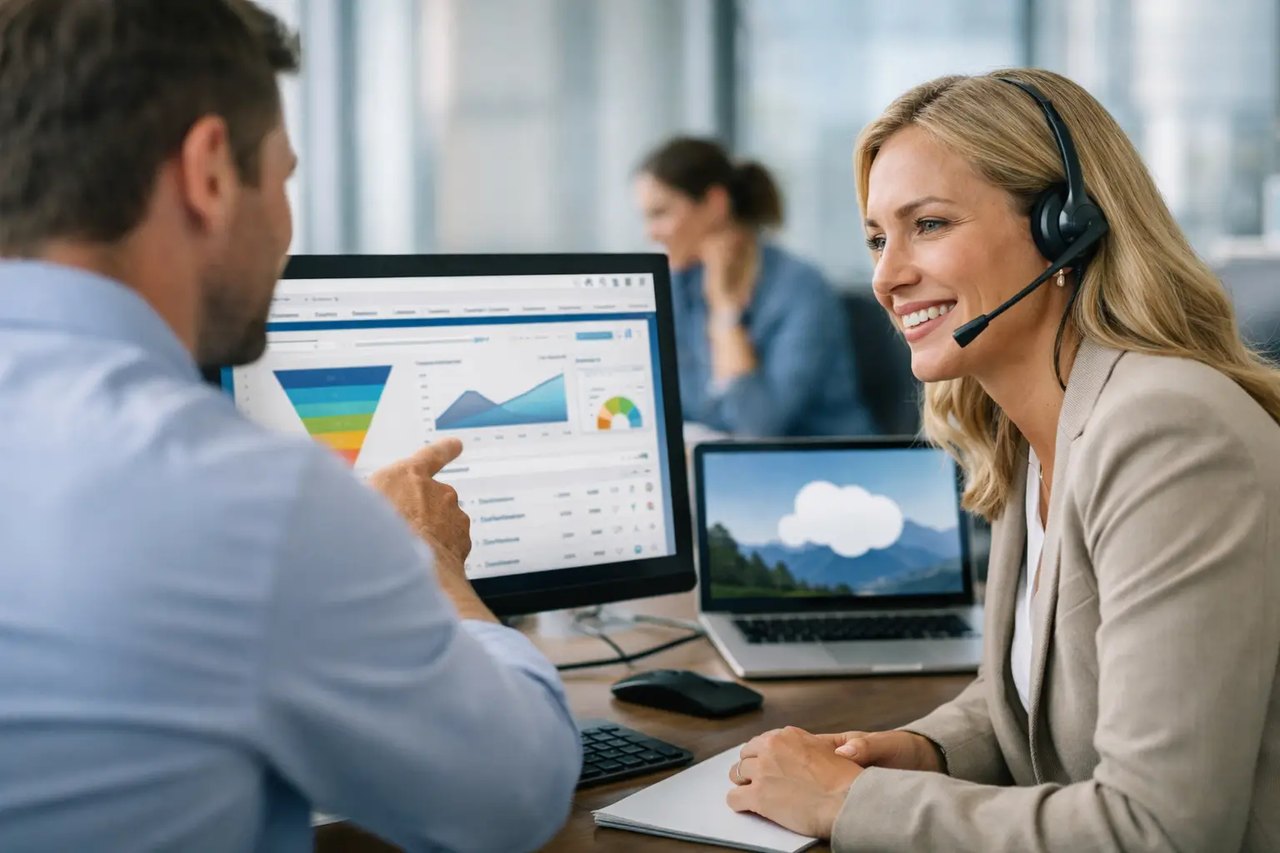 Eine lächelnde Frau mit Headset und ein Kollege betrachten gemeinsam Daten-Dashboards auf einem Computerbildschirm im Büro.