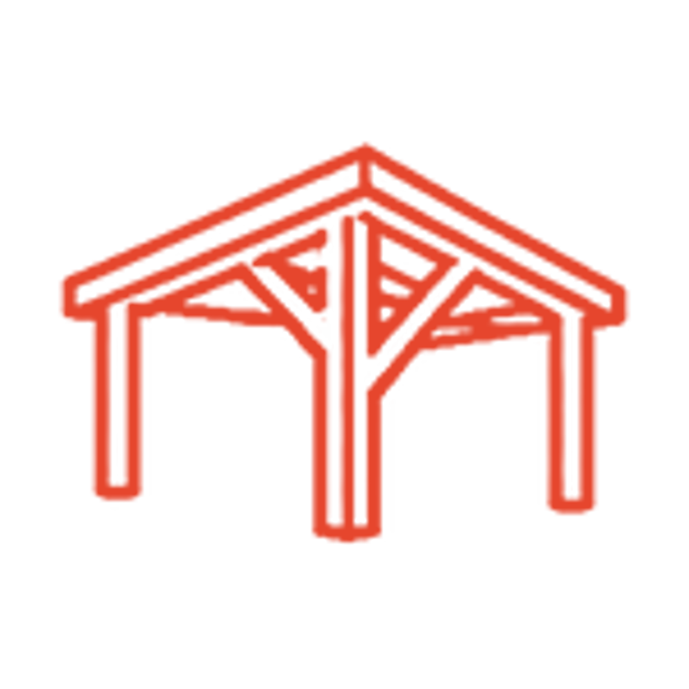 Rote Linienzeichnung einer Terrassenüberdachung oder eines Carports aus Holz auf schwarzem Hintergrund.