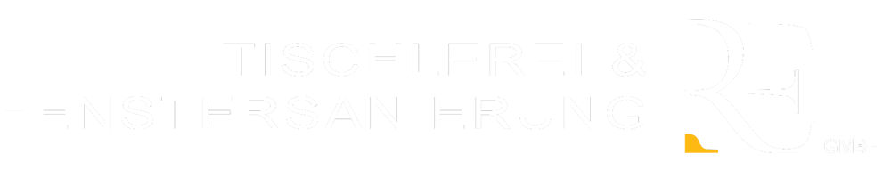 Logo der RE GmbH Tischlerei & Fenstersanierung mit weißer Schrift auf schwarzem Hintergrund.