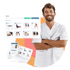 Lachender Physiotherapeut vor einem Laptop und Tablet mit Übungsanleitungen und Suchleiste „Suche“.