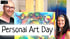 Ein lächelnder Mann und eine Frau präsentieren ein abstraktes Gemälde mit farbigen Kreisen und Linien. Text: "Personal Art Day".