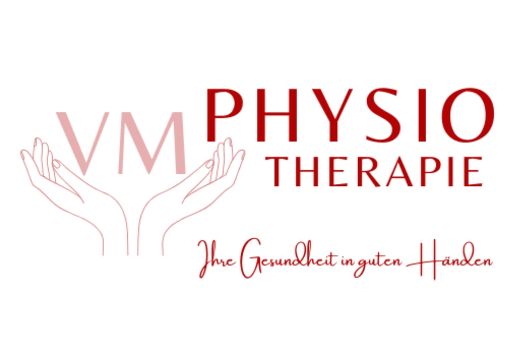 Logo: „VM PHYSIOTHERAPIE“ über zwei offenen Händen, darunter „Ihre Gesundheit in guten Händen“.