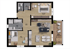 Dreieckiger Grundriss einer Wohnung mit zwei Terrassen und angrenzender Rasenfläche.