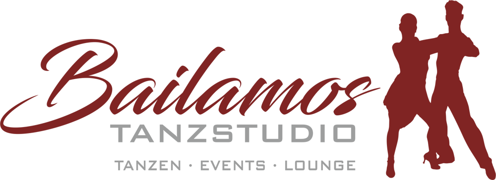 Logo: "Bailamos Tanzstudio Tanzen Events Lounge" in Rot und Grau, mit tanzendem Paar rechts.