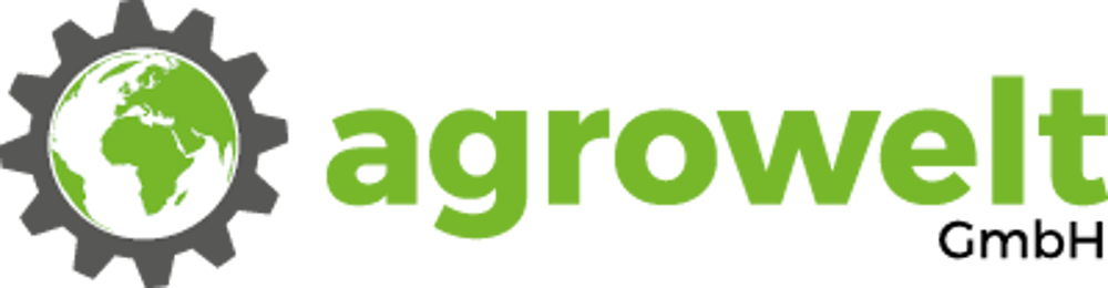 Logo der Firma agrowelt mit einem grün-weißen Globus in einem grauen Zahnrad.