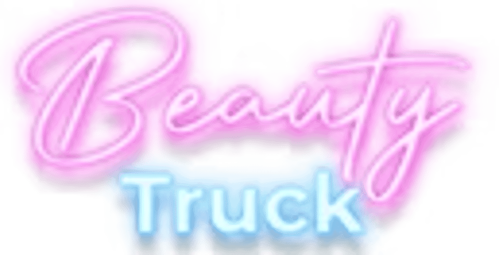 Neon-Schriftzug "Beauty" in Rosa über "Truck" in Hellblau.