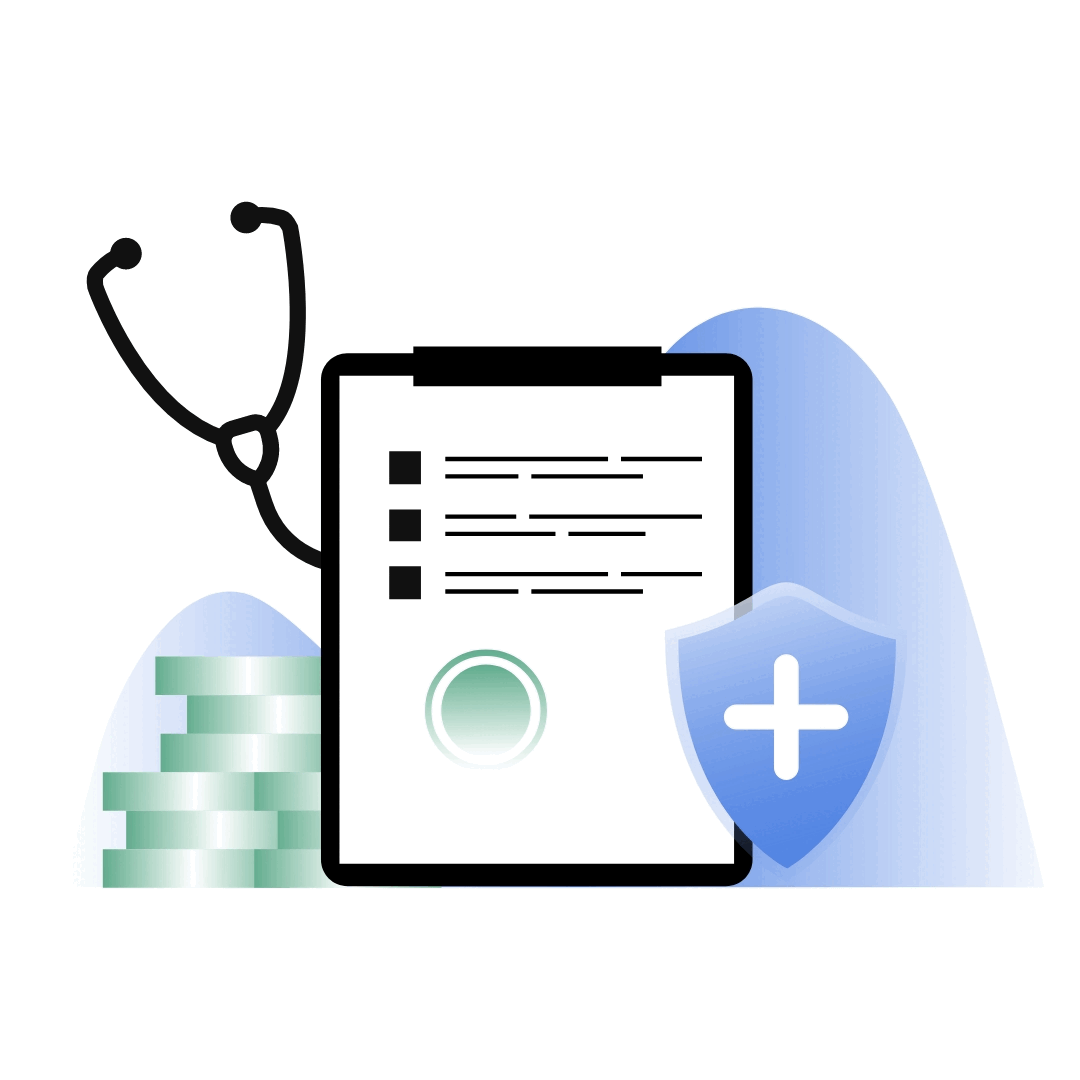 Stethoskop, Klemmbrett mit Vertrag und Unterschrift, Stapel Geld und blauer Schild mit weißem Kreuz.